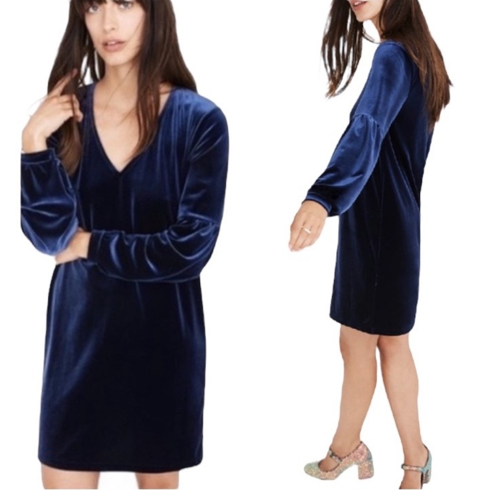 Madewell Velvet Balloon Sleeve Mini Dress in Deep Navy - S